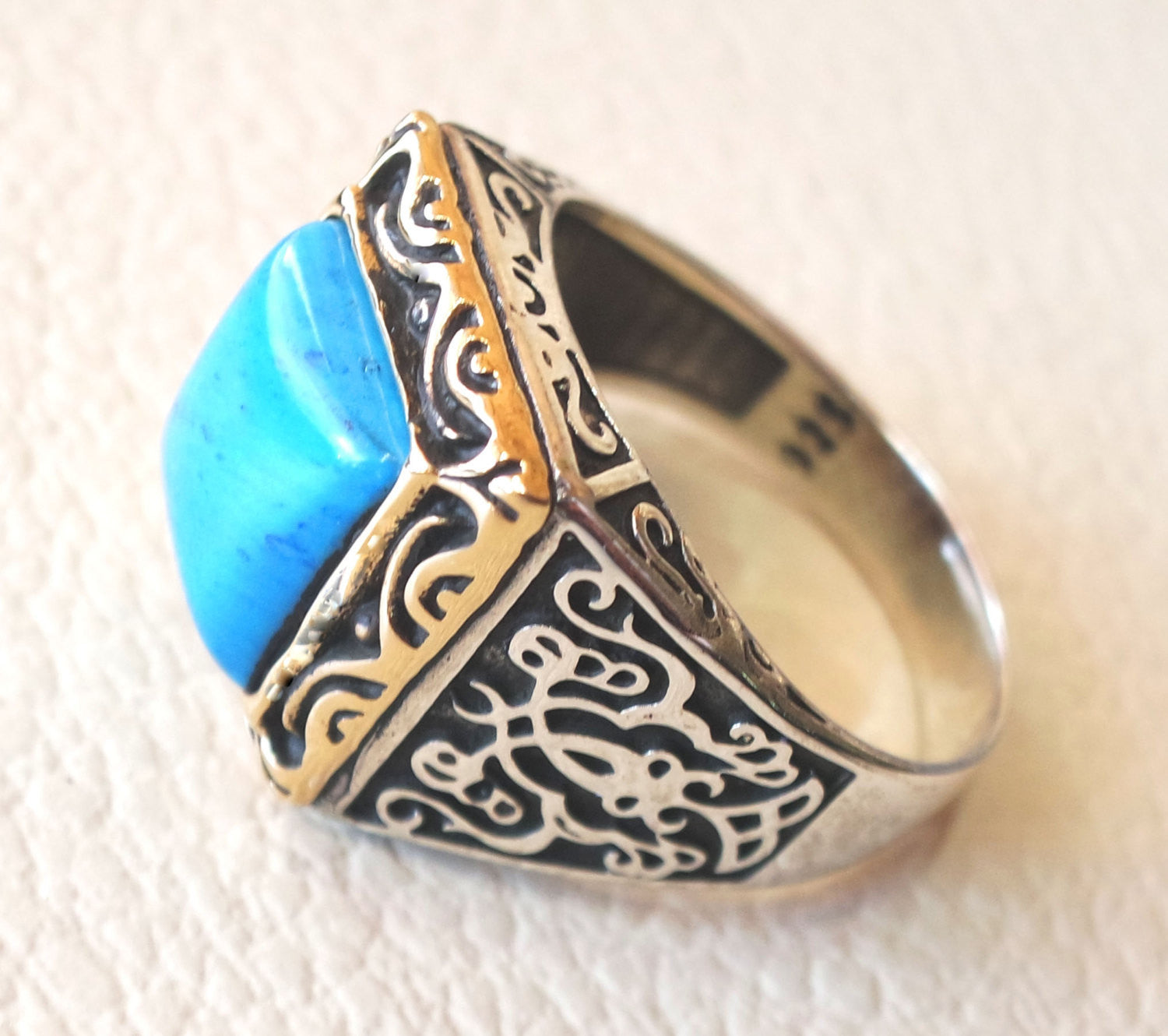 square synthetic turquoise blue stone heavy sterling silver 925 man ring bronze frame any size antique middle eastern ottoman style jewelry