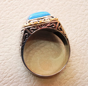 square synthetic turquoise blue stone heavy sterling silver 925 man ring bronze frame any size antique middle eastern ottoman style jewelry