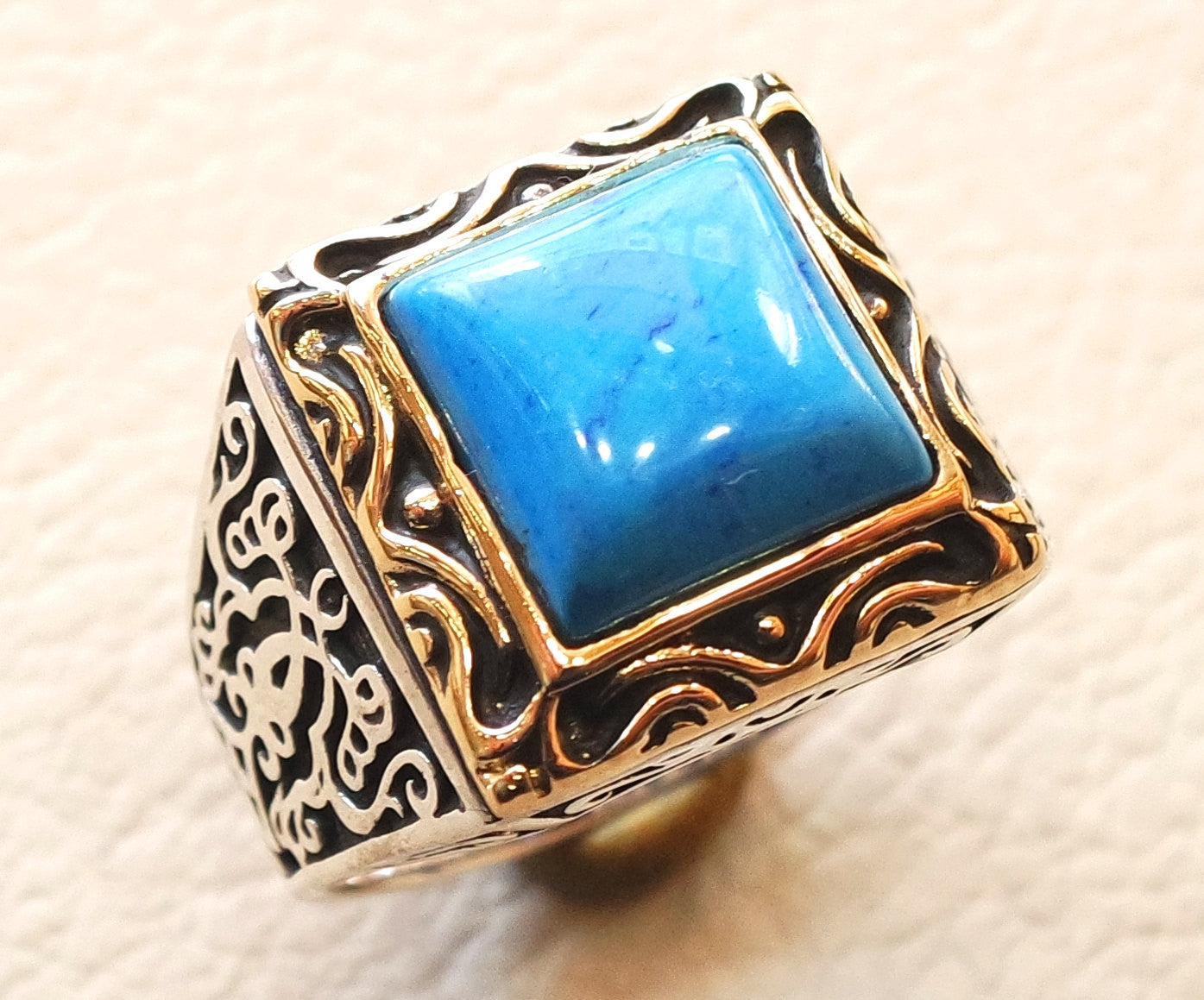 square synthetic turquoise blue stone heavy sterling silver 925 man ring bronze frame any size antique middle eastern ottoman style jewelry