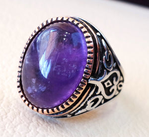 amethyst agate natural stone sterling silver 925 man ring vintage arabic turkish ottoman style jewelry oval purple gem all sizes bronze