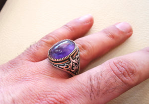 amethyst agate natural stone sterling silver 925 man ring vintage arabic turkish ottoman style jewelry oval purple gem all sizes bronze