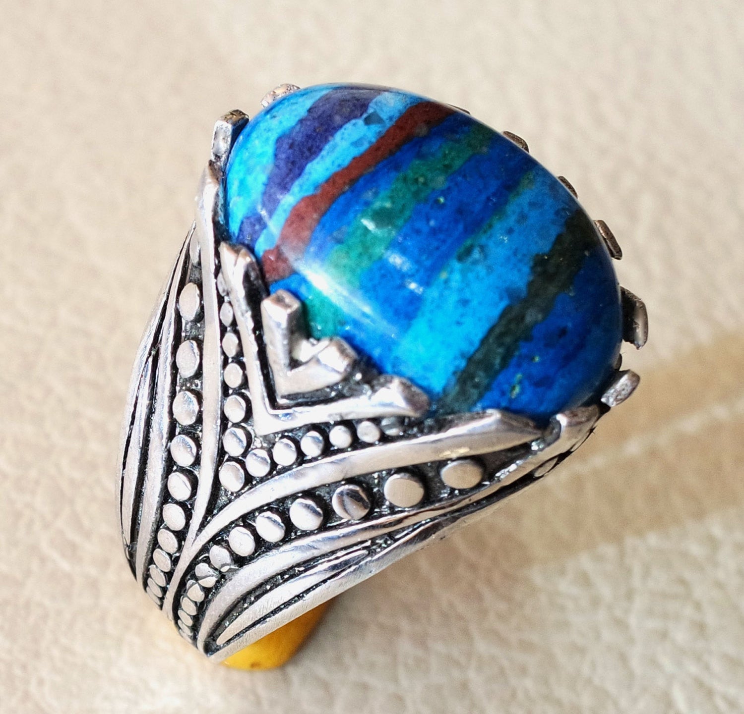 natural rainbow Calsilica colorful semi precious stone sterling silver 925 man ring any size blue red purple light dark high quality gem