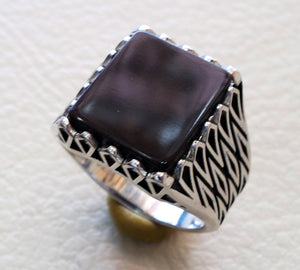 men's ring black natural rectangular flat onyx black agate aqeeq sterling silver 925 all size middle eastern oriental style fast shipping