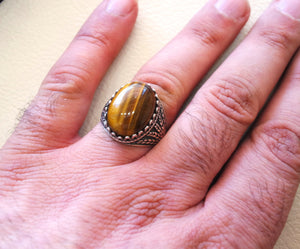 tiger eye semi precious natural stone men ring sterling silver 925 and bronze jewelry handmade arabic turkey ottoman style any size