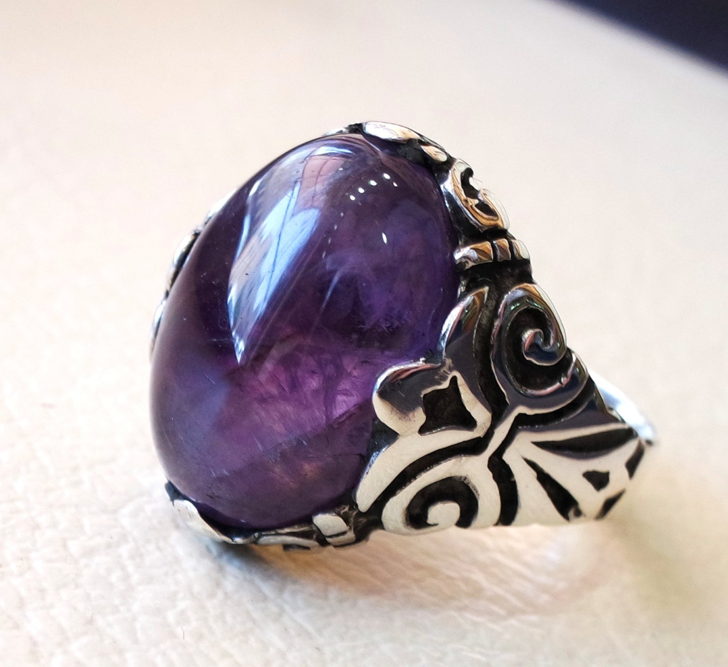 amethyst agate natural cabochon sterling silver 925 men ring vintage arabic turkish ottoman antique style jewelry oval purple gem all sizes