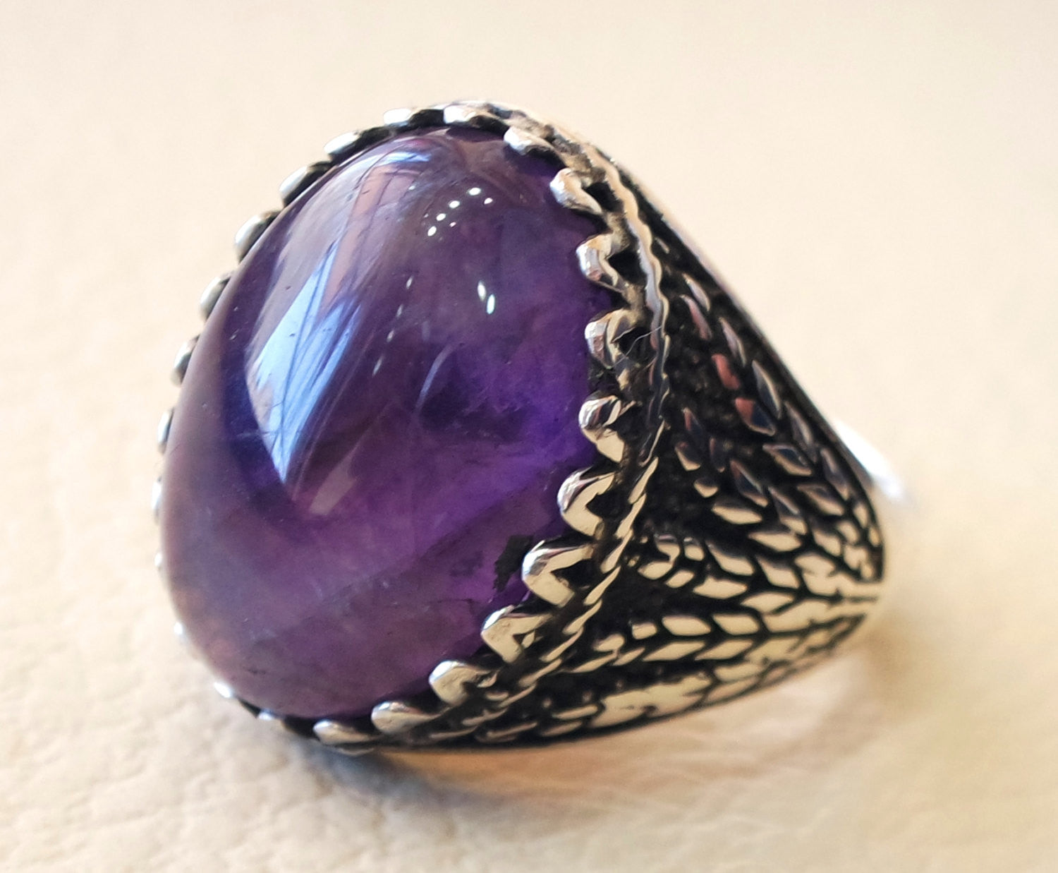 amethyst agate natural purple stone silver 925 men ring vintage arabic turkish ottoman antique style man jewelry oval cabochon all sizes