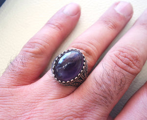 amethyst agate natural purple stone silver 925 men ring vintage arabic turkish ottoman antique style man jewelry oval cabochon all sizes