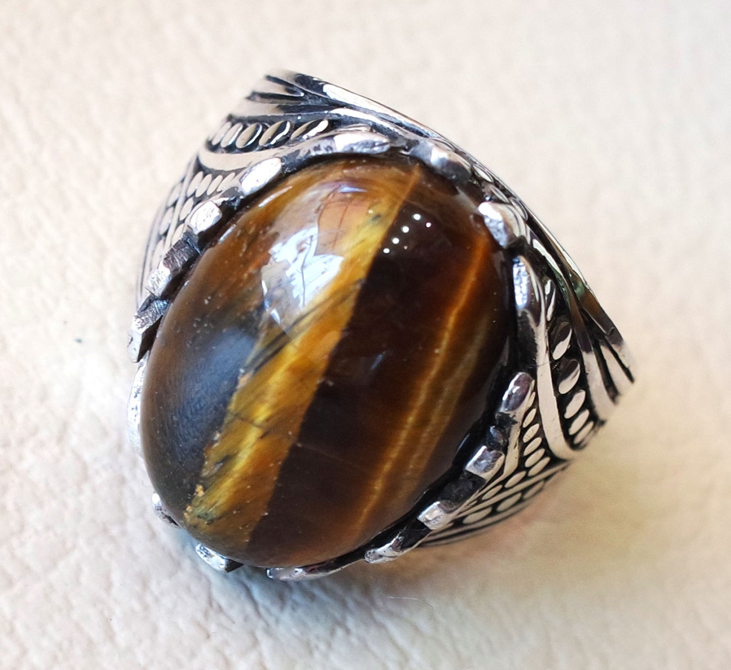 cat eye tiger eye semi precious natural cabochon stone men ring sterling silver 925 any size ottoman turkish middle eastern arabic jewelry