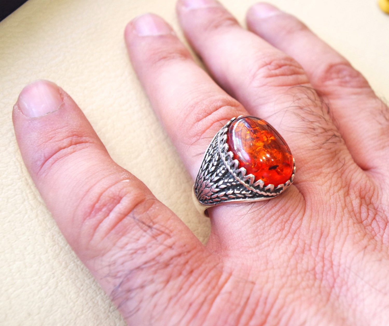 Baltic amber oval stone huge two tone man ring sterling silver 925 antique jewelry sizes fast shipping imitation stone identical to genuine
