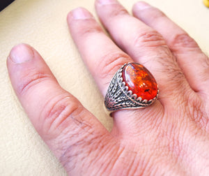 Baltic amber oval stone huge two tone man ring sterling silver 925 antique jewelry sizes fast shipping imitation stone identical to genuine