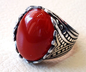 aqeeq ring sterling silver red stone carnelian agate men jewelry natural cabochon arabic turkey middle eastern ottoman style all sizes عقيق