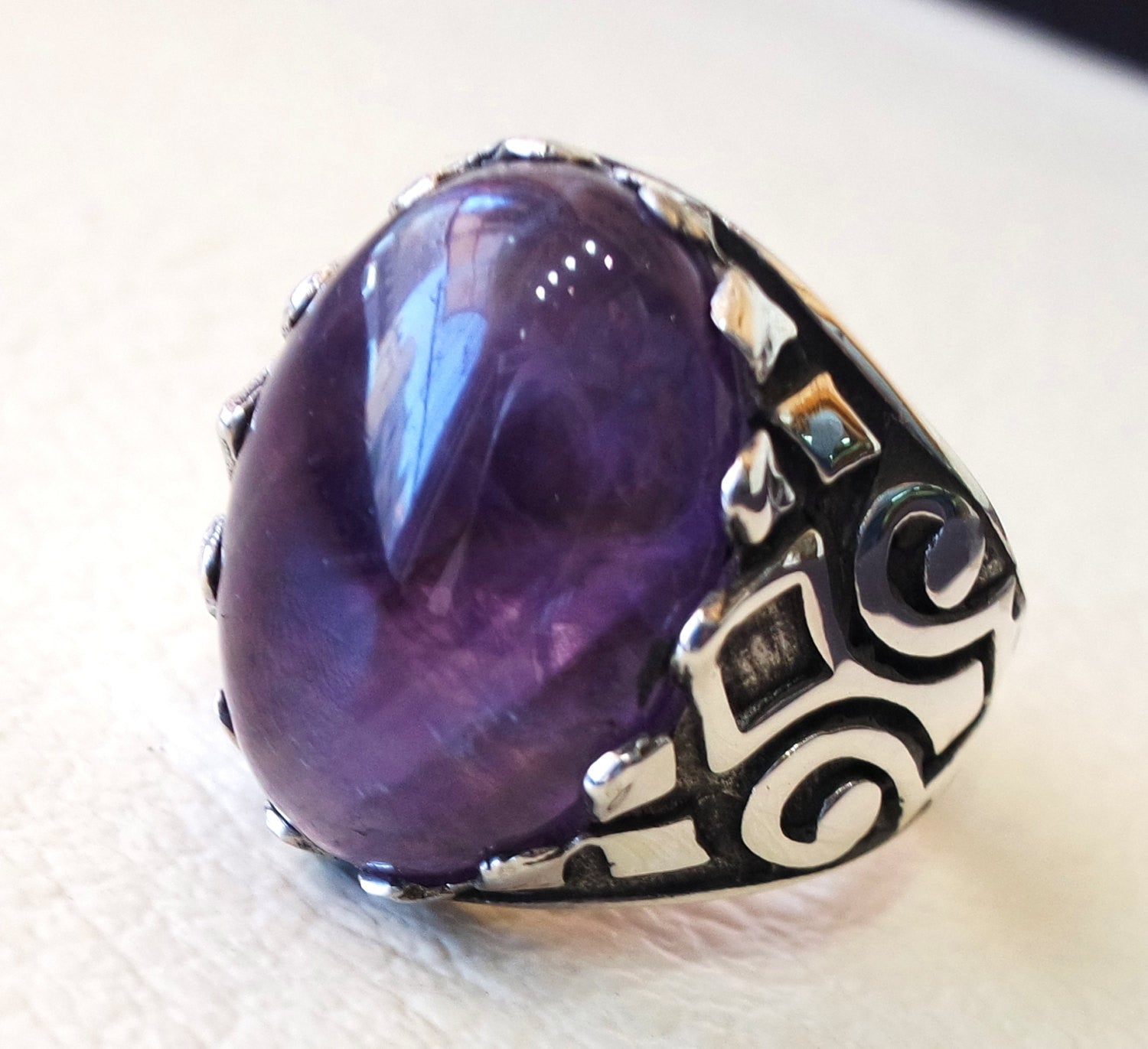 natural amethyst agate purple stone silver 925 men ring  arabic turkish ottoman antique style man jewelry cabochon all sizes fast shipping