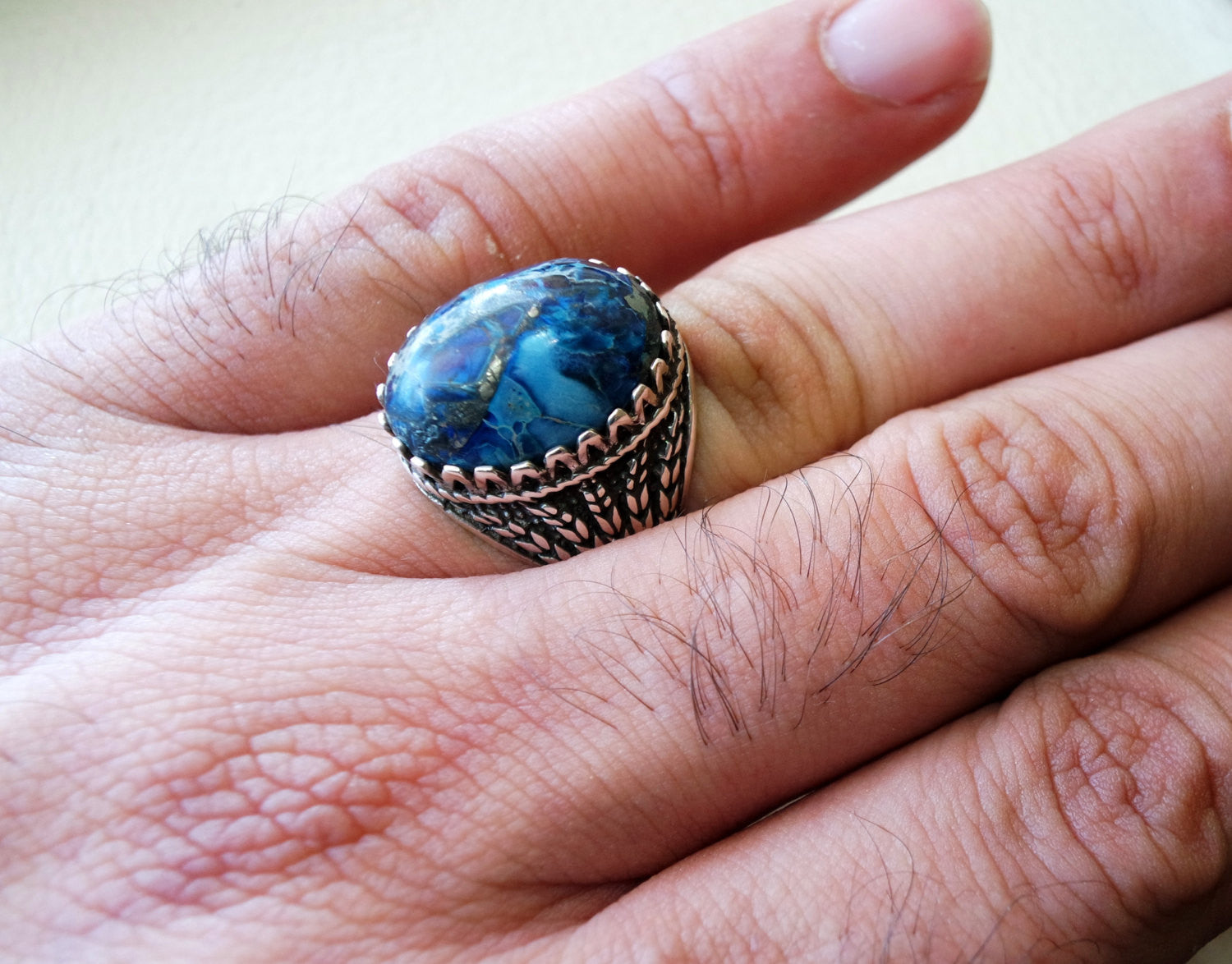 men ring sea sediment jasper multi color blue black grey stone all sizes natural semi precious sterling silver 925 man antique jewelry