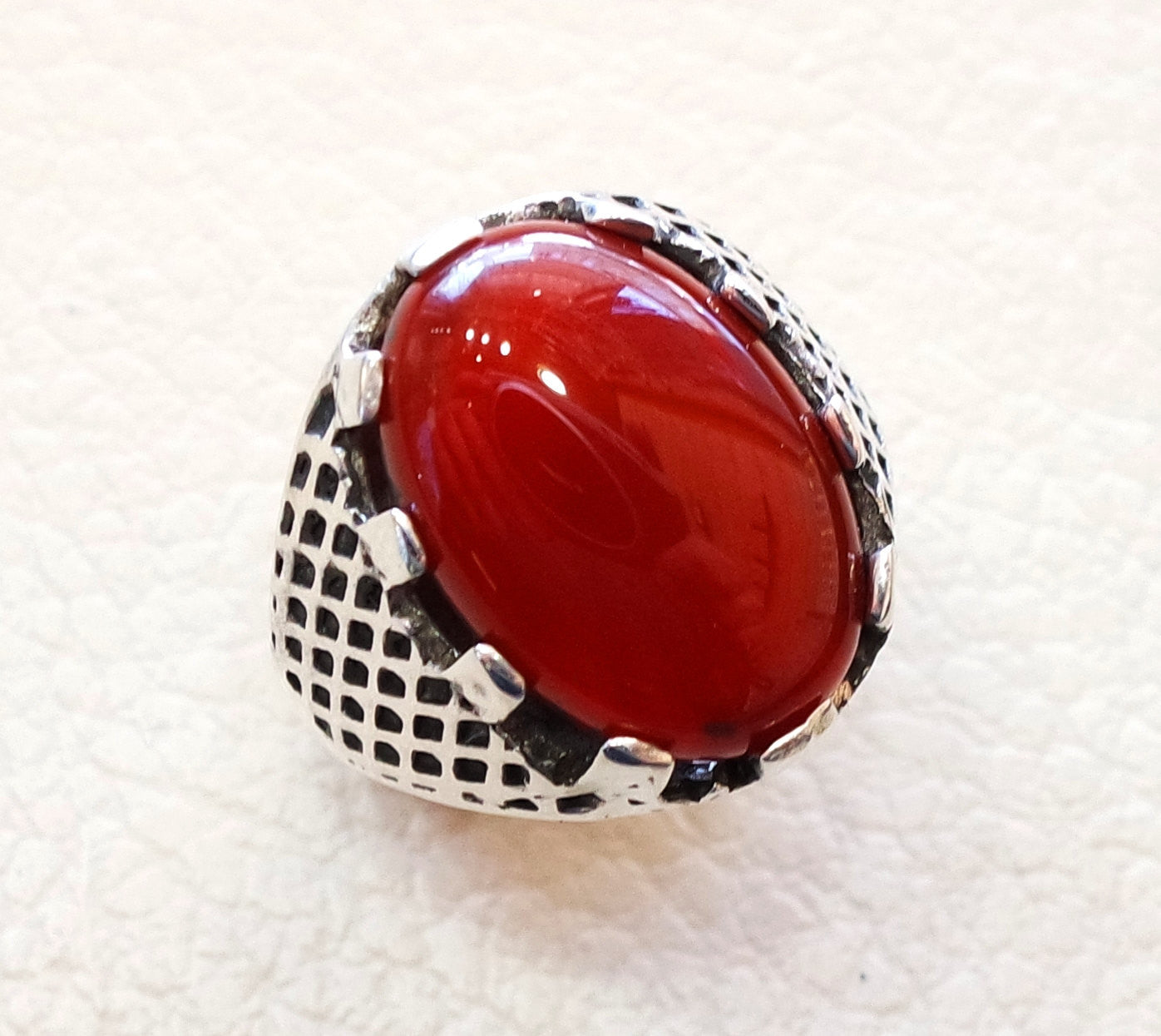 aqeeq natural liver agate carnelian semi precious kabadi stone oval red cabochon man ring sterling silver arabic middle eastern turkey style